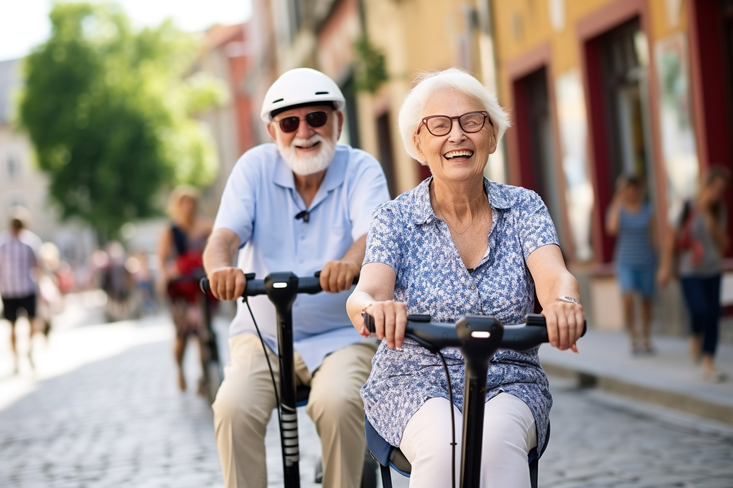 A couple of pensioners on an electric scooter ride.