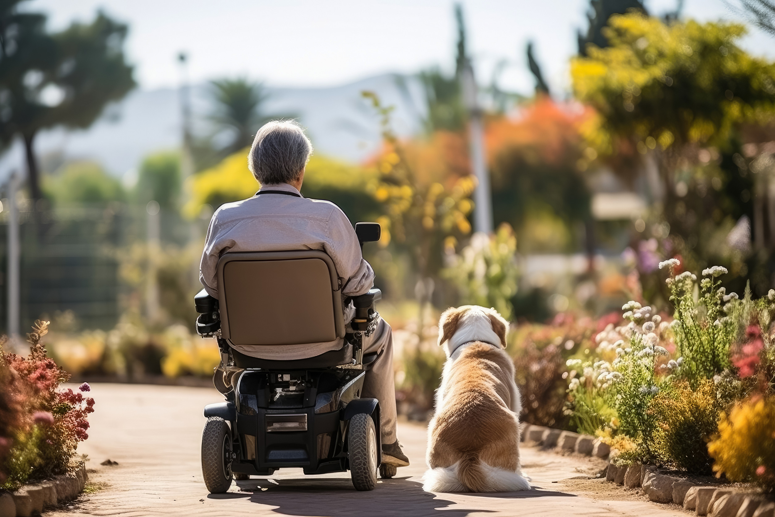 Lonely senior man in a wheelchair with dog in nursing home looking out the window