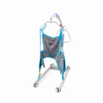 Comfort user lift sling attached to hoist showing padded support and open bottom design