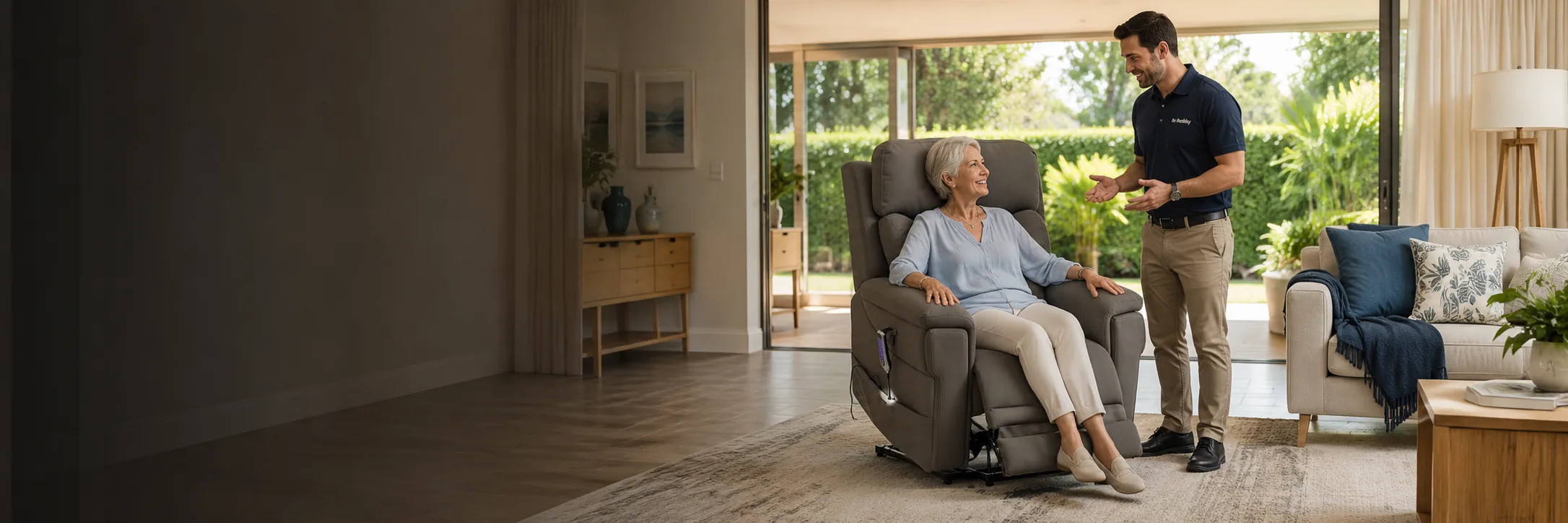 A Mr Mobility specialist showing a customer how to use a rise recliner at home