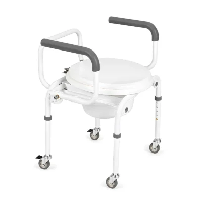 Front View of Adjustable Drop Arm Commode with Wheels