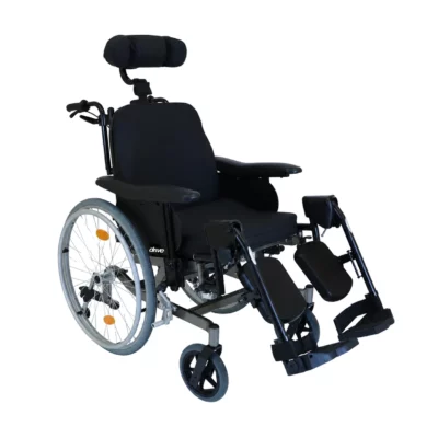 Drive Medical Multitec reclining wheelchair angled front view with elevating leg rests and headrest