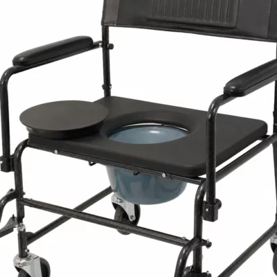 Commode chair seat with lift-off lid and removable bucket beneath