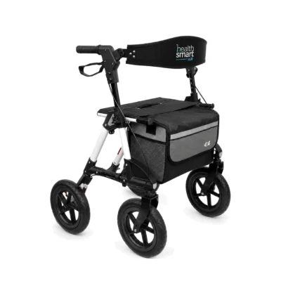 Healthsmart Air All Terrain Rollator with large wheels, padded seat, backrest, and storage bag on a white background.