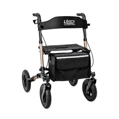 Lösch Tabas Mobility Air Rollator angled front view with storage bag and all-terrain wheels