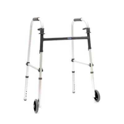 Folding zimmer frame with wheels featuring dual paddle release and height adjustment