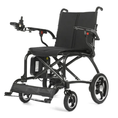 Aero Lite electric wheelchair front angle showing the carbon fibre frame