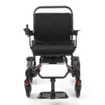 Heavy duty electric wheelchair front view with joystick controller and flip-up armrests
