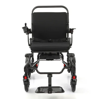 Heavy duty electric wheelchair front view with joystick controller and flip-up armrests