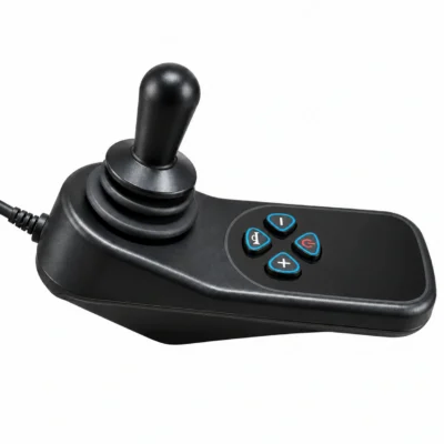 Angled view of the joystick and control buttons