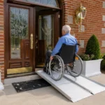 Older wheelchair user going up the portable folding wheelchair ramp at a front door