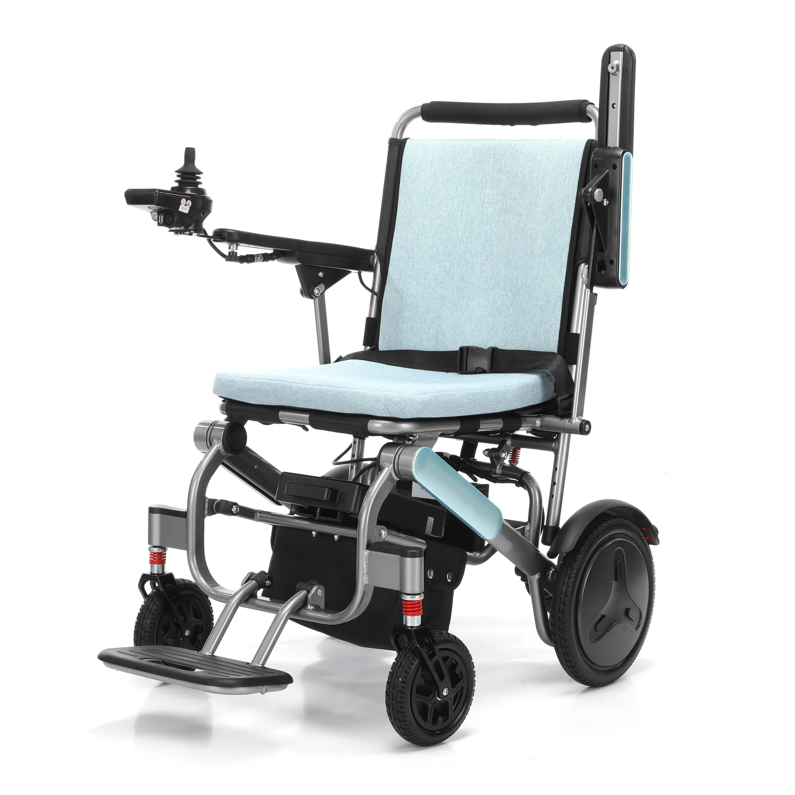 explorer-air-electric-wheelchair-angle-view-01 Explorer Air electric wheelchair front angle with joystick control