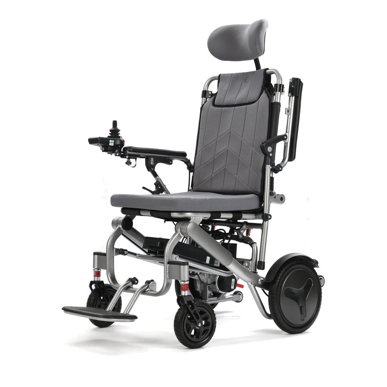 Explorer Air Reclining Electric Wheelchair Explorer Air reclining electric wheelchair at an angle with headrest fitted