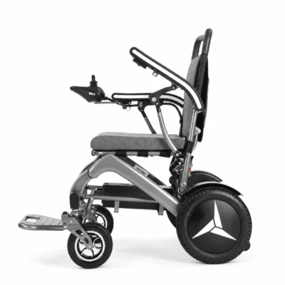 Side profile showing the folding frame and 12-inch pneumatic rear wheel