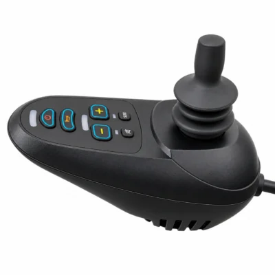 Angled view of the 360-degree joystick and control buttons
