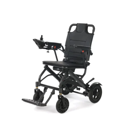 Explorer Lite lightweight folding electric wheelchair at an angle