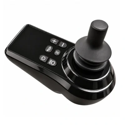 Angled view of the joystick and control buttons