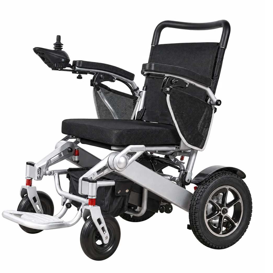 smartchair-auto-folding-electric-wheelchair-angle-view-01 SmartChair auto folding electric wheelchair front angle with joystick control