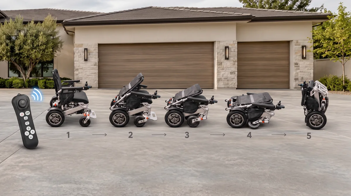 SmartChair electric wheelchair folding itself in five steps, operated by a hand-held remote
