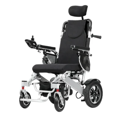 SmartChair reclining electric wheelchair front angle with headrest and joystick
