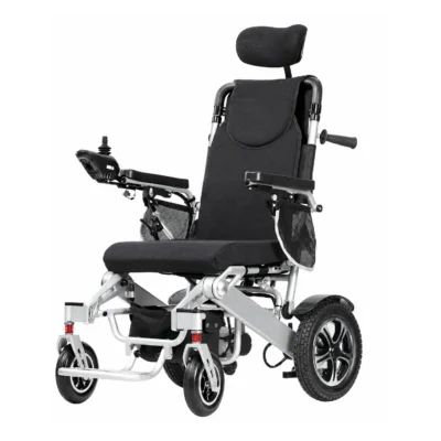 SmartChair reclining electric wheelchair front angle with headrest and joystick