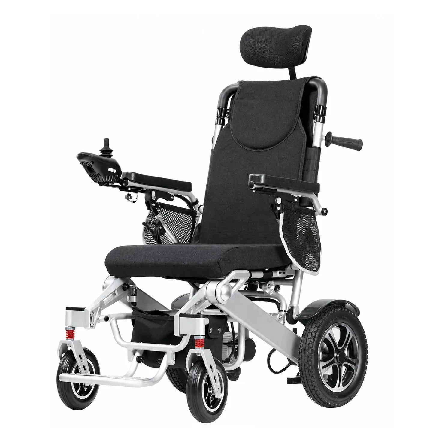 smartchair-reclining-electric-wheelchair-angle-view-01 SmartChair reclining electric wheelchair front angle with headrest and joystick