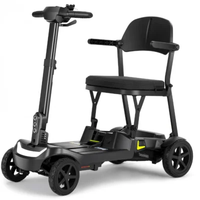 Viva Fold mobility scooter front angle with the seat and tiller upright