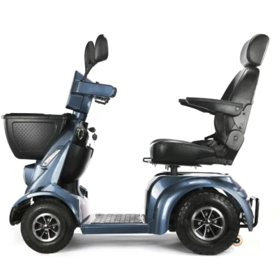 Side profile in blue showing the high-back seat and front basket