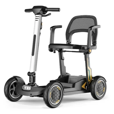 Viva Motion mobility scooter front angle with mesh backrest and armrests