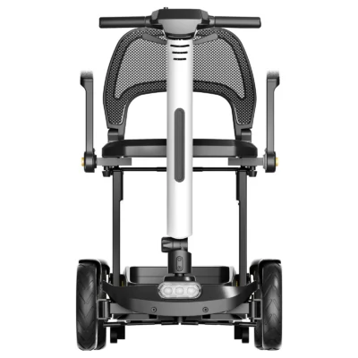 Front view showing the tiller, seat and 9-inch tyres