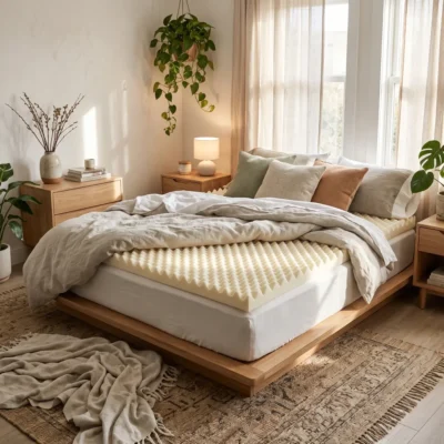 Egg Box Mattress Topper on a bed in a bright, sunlit bedroom